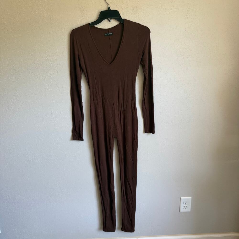 Naked Wardrobe Chocolate Brown Deep V-Neck Bodycon Jumpsuit Womens S Layering